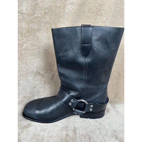 Coach Tara Moto Harness Pull On Boots Black Leather Biker Mid Calf Womens 9 B - Picture 9 of 11